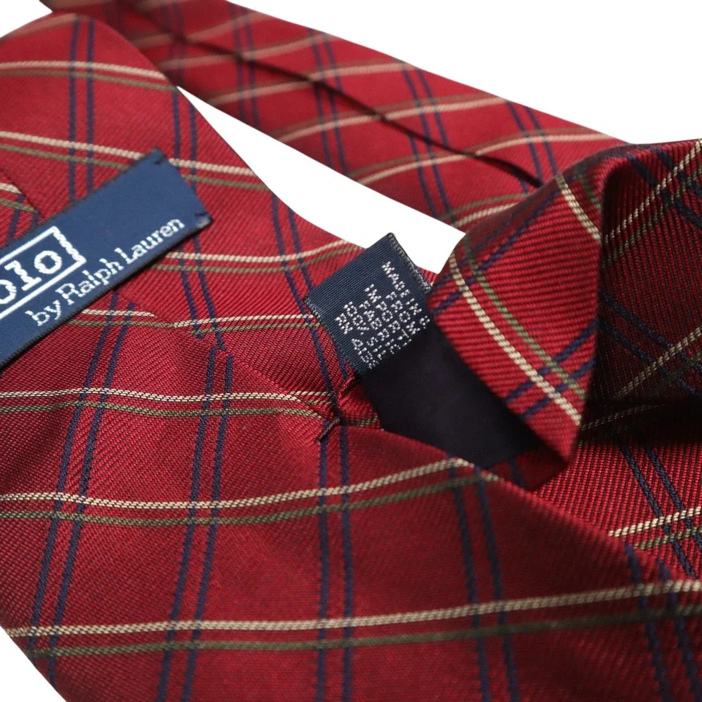 Polo Ralph Lauren Red Tartan Plaid Silk Tie Navy Olive Made‎ by Hand USA Classic